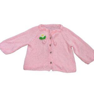Hand Knit Girls XS 4–5 Pink Cardigan Sweater Button Front Floral Cottagecore